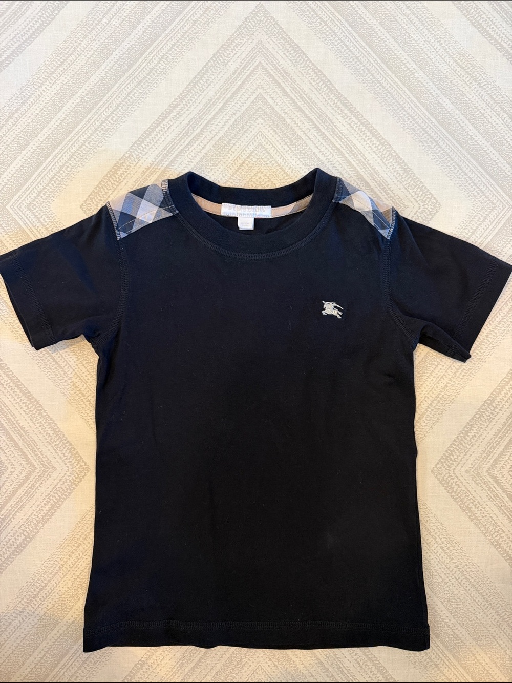 Burberry Kids Black Check Trim Cotton T-Shirt Logo Embroidered Size 5Y